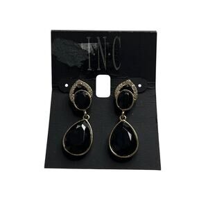 INC Gold Drop Dangle Earrings w/ Rhinestones & Black Gemstones, NWT